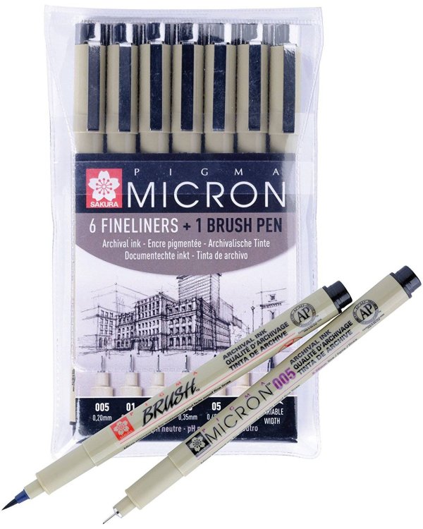 Набор капиллярных ручек "Pigma MIcron + Brush", черный, 7 штук