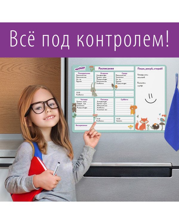 Планинг магнитный на холодильник "Расписание", 42х30 см, с маркером и салфеткой