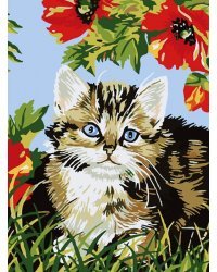 Живопись на холсте. Котёнок в цветах, 30х40 см