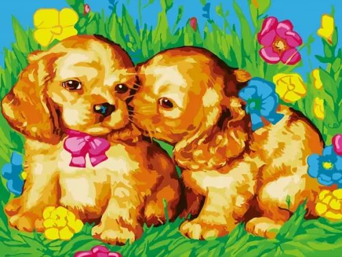 Живопись на холсте. Щенки на поляне, 30х40 см