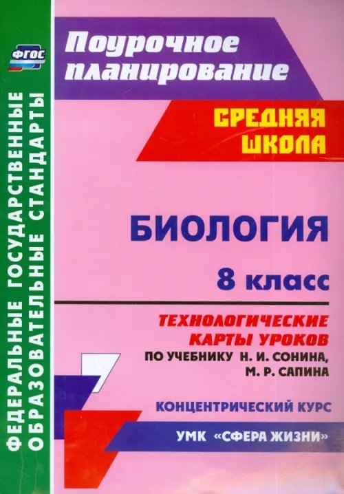 Поурочное планирование. Средняя школа Биология. 8 класс. Технологические карты уроков по учебнику Н.И. Сонина, М.Р. Сапина. ФГОС