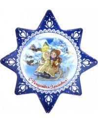 Магнит на картоне "С Рождеством Христовым! Дети на санках", 90х95 мм