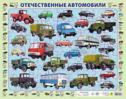 Пазл на подложке. Отечественные автомобили, 63 элемента