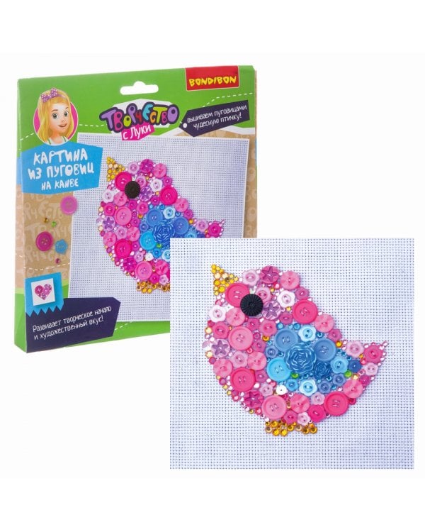 Картина из пуговиц на канве. Птичка