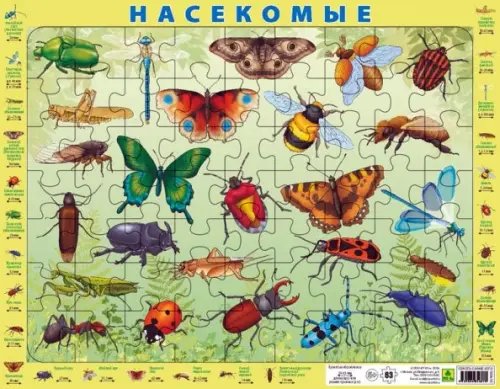 Пазл на подложке. Насекомые, 63 элемента