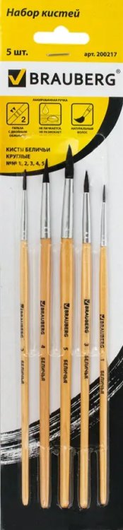 Кисти &quot;Brauberg&quot;, 5 штук, беличьи, круглые, №1, 2, 3, 4, 5