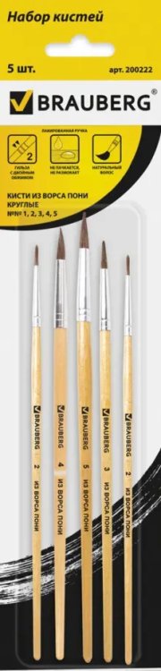 Кисти &quot;Brauberg&quot;, 5 штук, из ворса пони, круглые, №1, 2, 3, 4, 5
