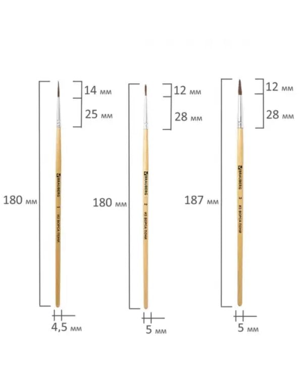 Кисти "Brauberg", 5 штук, из ворса пони, круглые, №1, 2, 3, 4, 5