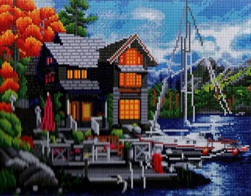 Алмазная мозаика. Яхта у красивого дома