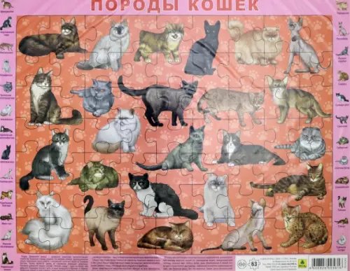 Детский пазл на подложке. Породы кошек, 63 элемента