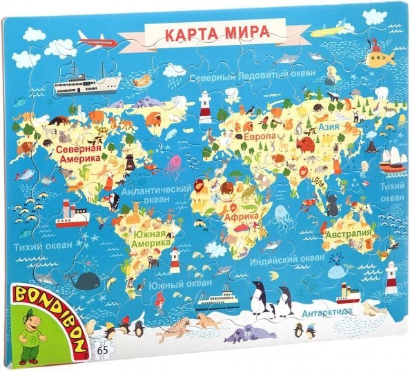 Пазл. Карта Мира. Животные, 65 элементов