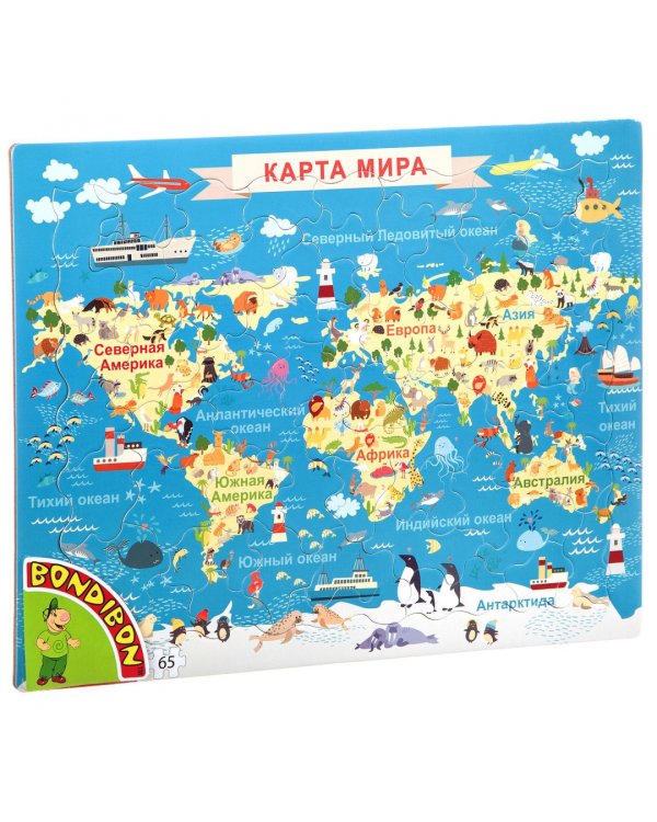 Пазл. Карта Мира. Животные, 65 элементов