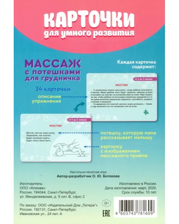 Карточки для умного развития. Массаж с потешками для грудничка (34 карточки)