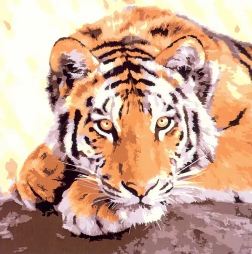 Холст с красками. Милый отдыхающий тигр Холст с красками. Милый отдыхающий тигр