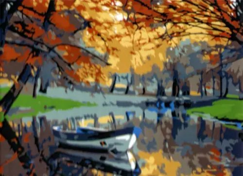 Холст с красками. Осенний парк с прудом