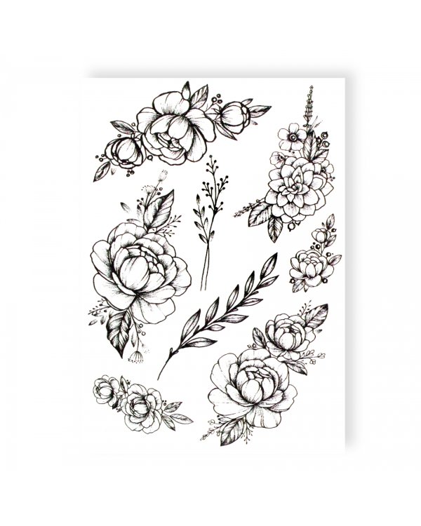 Временная татуировка "Пионы с веточками"
