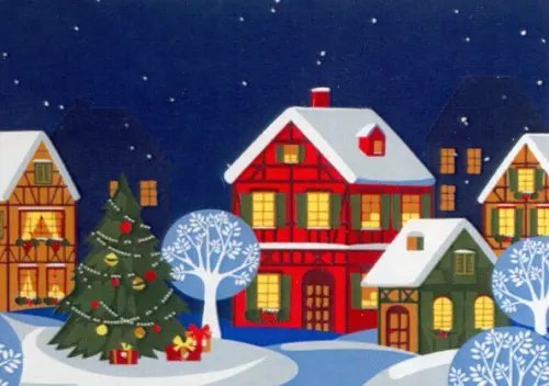 Холст с красками. Яркая новогодняя улочка