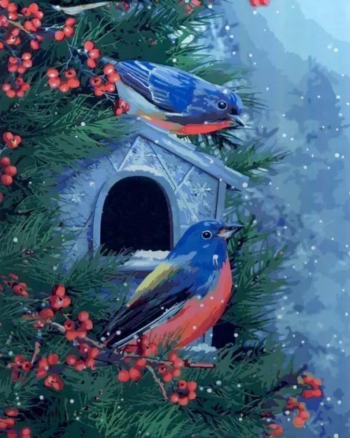 Холст с красками. Красивые зимние птицы Холст с красками. Красивые зимние птицы