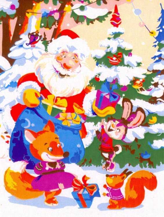 Холст с красками. Дедушка Мороз и малыши