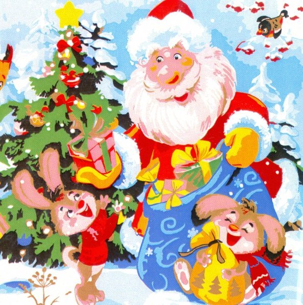 Холст с красками. Зверята принимают подарки