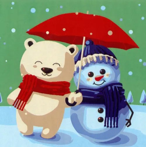 Холст с красками. Мишка и снеговик