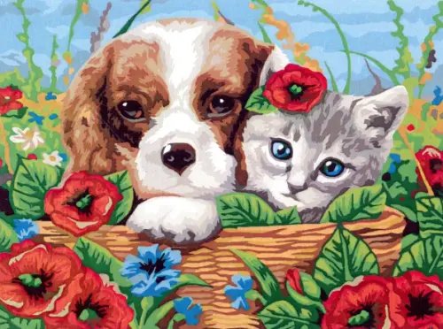 Рисуем вместе Картина по номерам на холсте с подрамником. Котенок и щенок