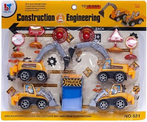 Набор игровой Строительная техника, 5 инерционных машинок и дорожные знаки Набор игровой Строительная техника, 5 инерционных машинок и дорожные знаки