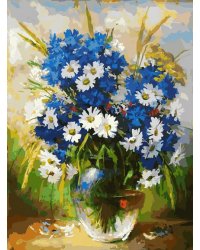 Живопись на холсте. Ромашки и васильки
