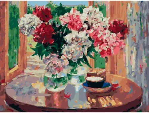 Живопись на холсте. Пионы на столе Живопись на холсте. Пионы на столе