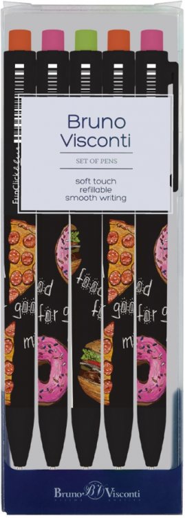 Обложка книги «Набор из 5 шариковых ручек, FunClick. Food in black, синие»