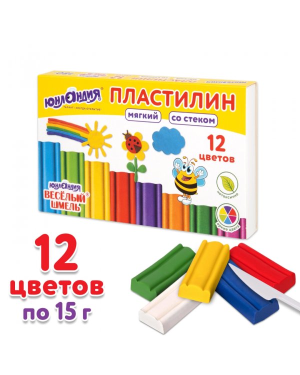 Пластилин мягкий Веселый шмель, 12 цветов, со стеком