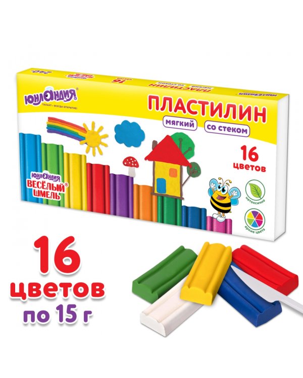 Пластилин мягкий Веселый шмель, 16 цветов, со стеком