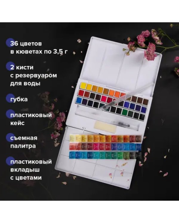 Акварель художественная, 36 цветов, в кюветах