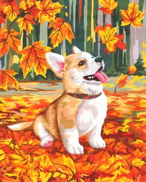 Рисуем вместе Картина по номерам на холсте с подрамником. Корги в осенней листве