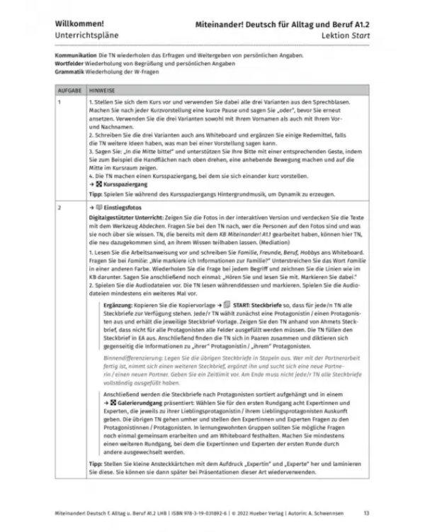 Miteinander! Deutsch für Alltag und Beruf A1.2. Lehrerhandbuch. Deutsch als Zweitsprache