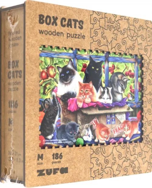 Деревянный пазл с двухслойной крышкой Кошки в коробке, 106 деталей Деревянный пазл с двухслойной крышкой Кошки в коробке, 106 деталей