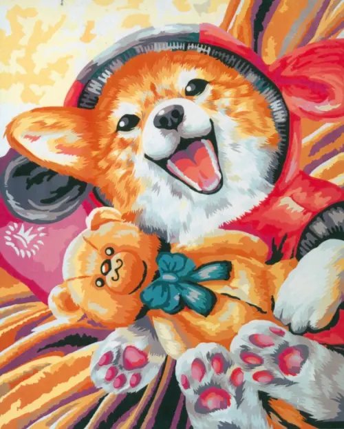 Рисуем вместе Картина по номерам на холсте. Корги с игрушкой