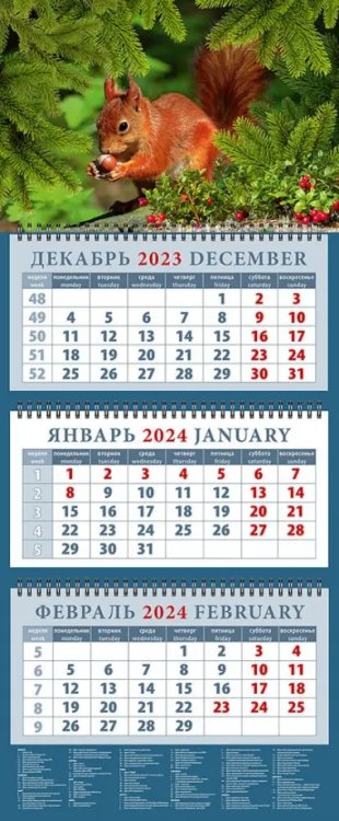 Календарь квартальный 320х760 Календарь на 2024 год Белка с орехом