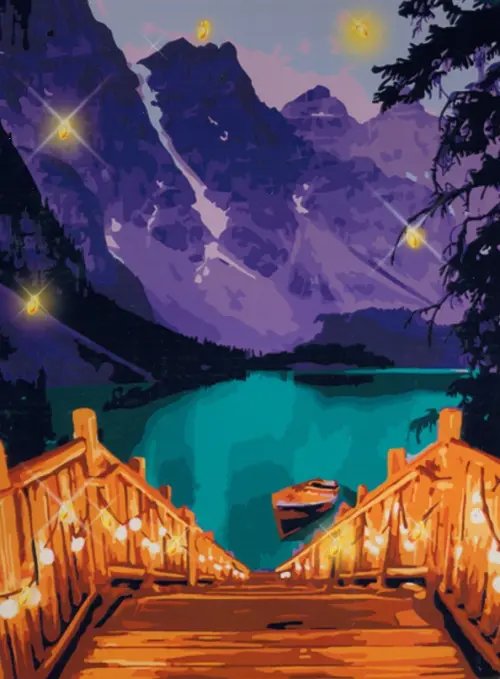 Рисуем вместе Картина по номерам на раме Озеро, с гирляндой