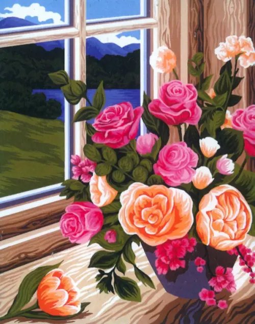 Рисуем вместе Картина по номерам на холсте Букет роз на окне