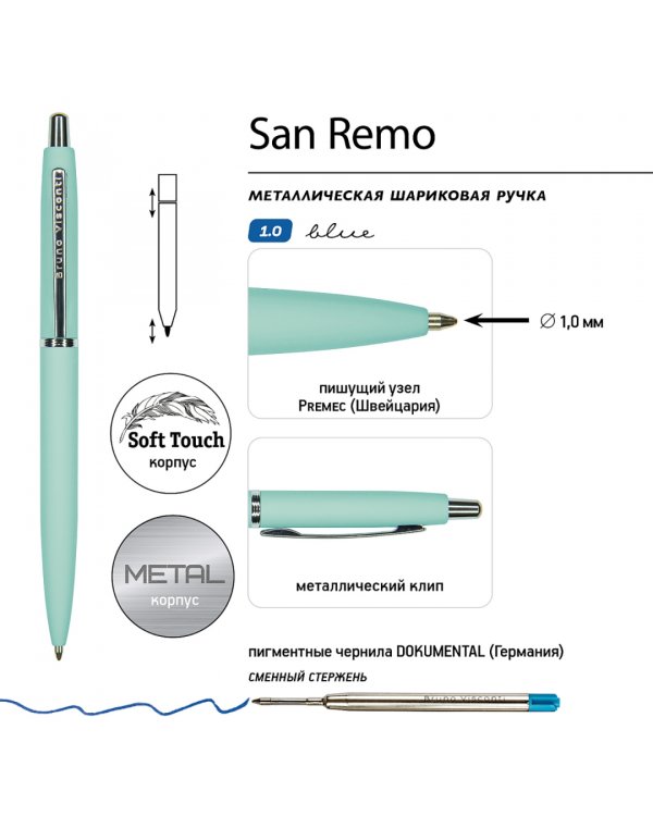 Ручка шариковая автоматическая San Remo, синяя, цвет корпуса мятный, в футляре