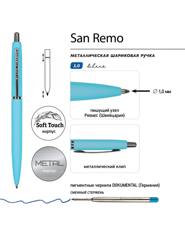 Ручка шариковая автоматическая San Remo, синяя, цвет корпуса голубой, в футляре