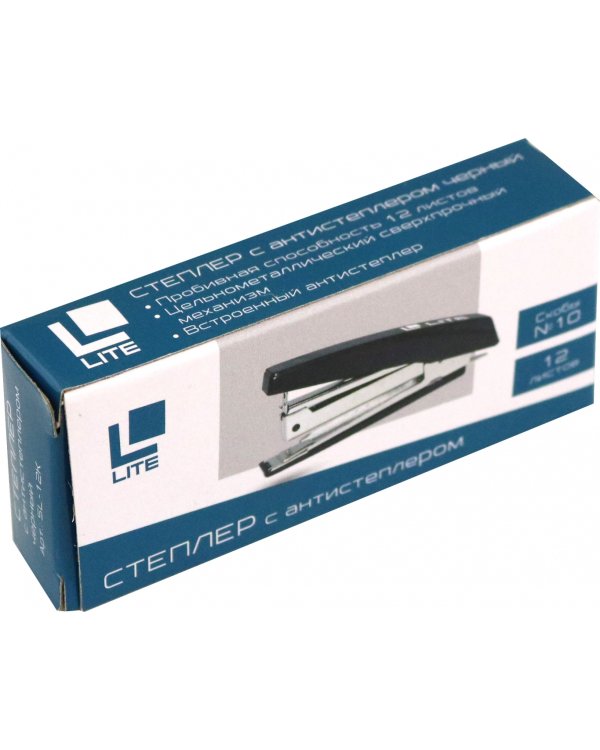 Степлер Lite №10, до 12 листов, пластик, черный