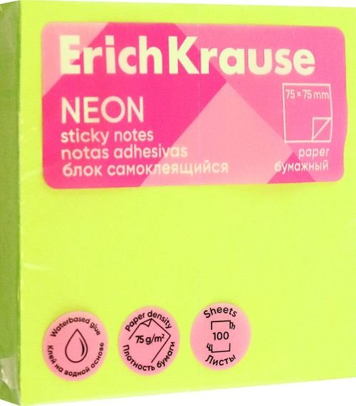 Блок самоклеящийся бумажный Neon, 100 листов, зеленый Блок самоклеящийся бумажный Neon, 100 листов, зеленый